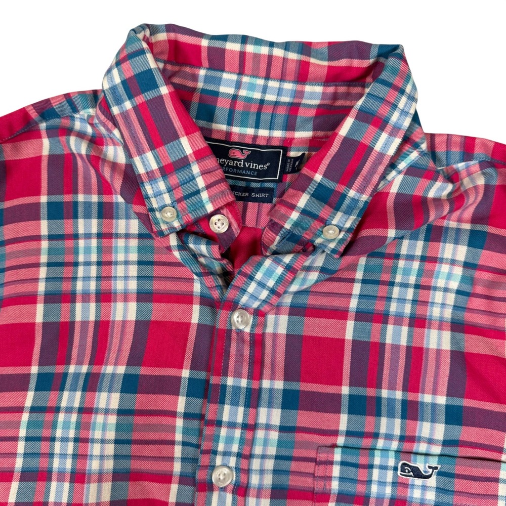 Vineyard‎ Vines Performance Slim Fit Tucker Shirt Mens M Pink Blue Plaid Button